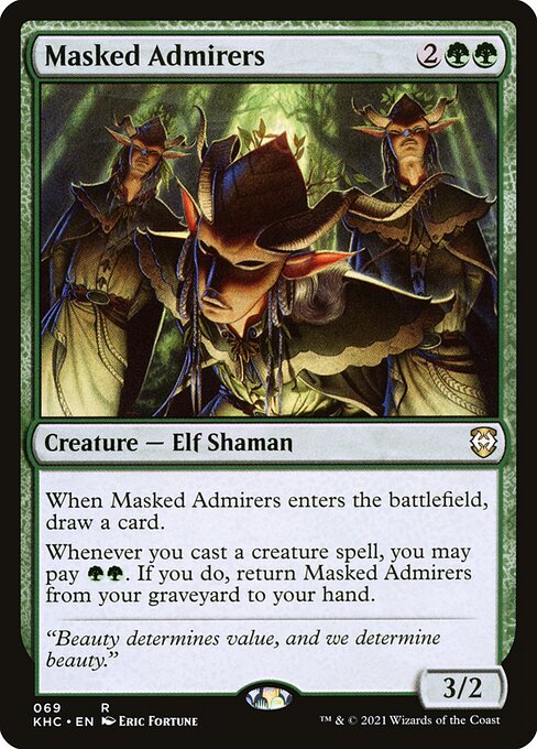 When Masked Admirers enters the battlefield, draw a card.
Whenever you cast a creature spell, you may pay {G}{G}. If you do, return Masked Admirers from your graveyard to your hand.