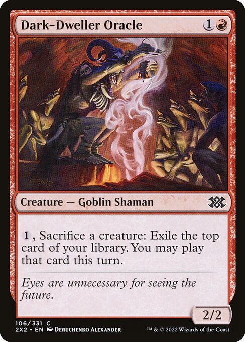 {1}, Sacrifice a creature: Exile the top card of your library. You may play that card this turn. (You still pay its costs. You can play a land this way only if you have an available land play remaining.)