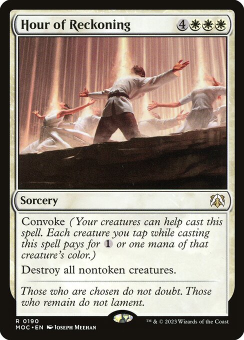 Convoke (Your creatures can help cast this spell. Each creature you tap while casting this spell pays for {1} or one mana of that creature's color.)
Destroy all nontoken creatures.