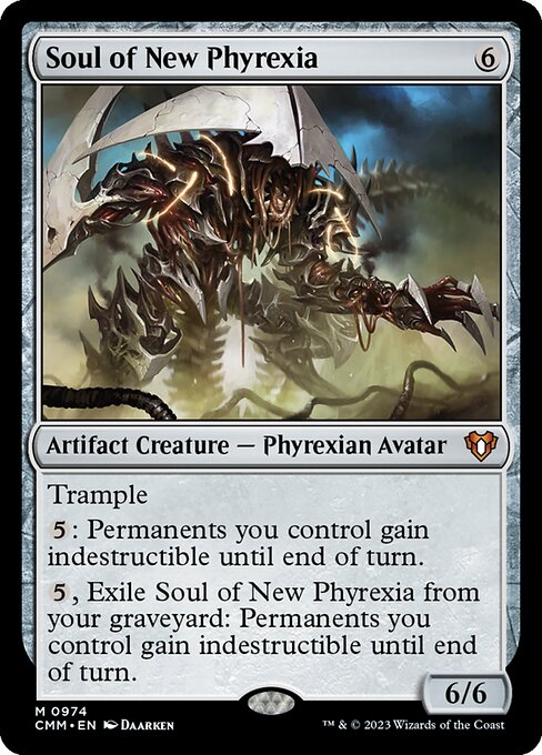 Trample
{5}: Permanents you control gain indestructible until end of turn.
{5}, Exile Soul of New Phyrexia from your graveyard: Permanents you control gain indestructible until end of turn.