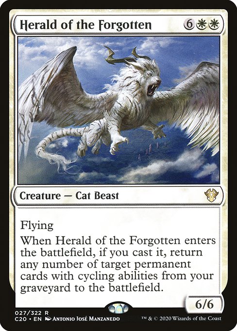Flying
When Herald of the Forgotten enters the battlefield, if you cast it, return any number of target permanent cards with cycling abilities from your graveyard to the battlefield.