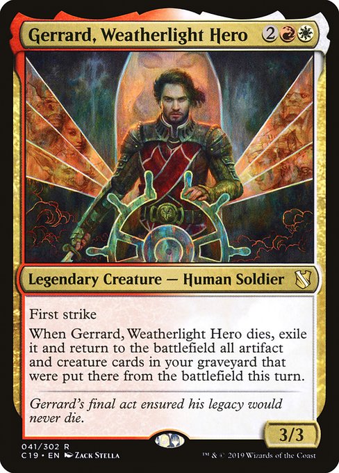 First strike
When Gerrard, Weatherlight Hero dies, exile it and return to the battlefield all artifact and creature cards in your graveyard that were put there from the battlefield this turn.