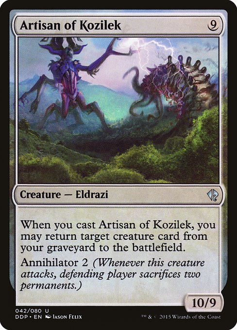 When you cast this spell, you may return target creature card from your graveyard to the battlefield.
Annihilator 2 (Whenever this creature attacks, defending player sacrifices two permanents.)