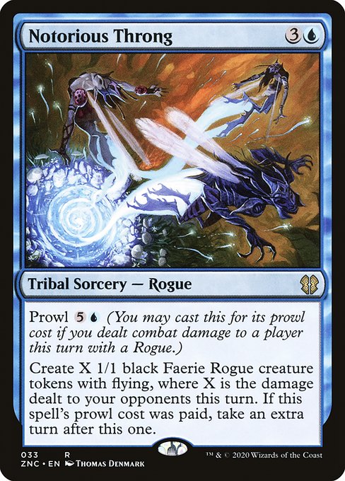 Prowl {5}{U} (You may cast this for its prowl cost if you dealt combat damage to a player this turn with a Rogue.)
Create X 1/1 black Faerie Rogue creature tokens with flying, where X is the damage dealt to your opponents this turn. If this spell's prowl cost was paid, take an extra turn after this one.
