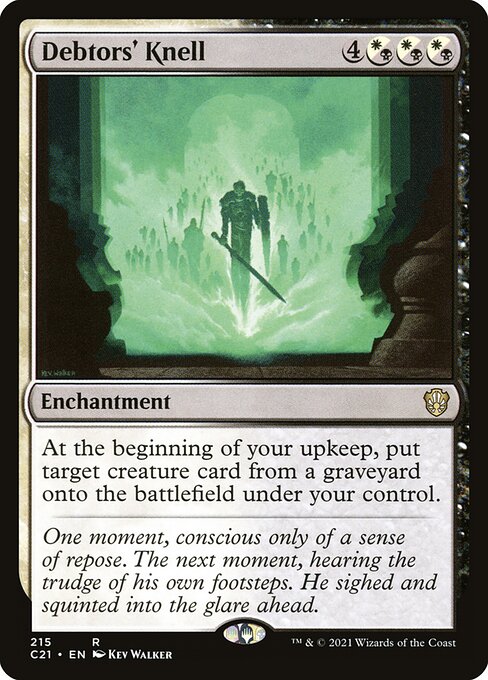 ({W/B} can be paid with either {W} or {B}.)
At the beginning of your upkeep, put target creature card from a graveyard onto the battlefield under your control.