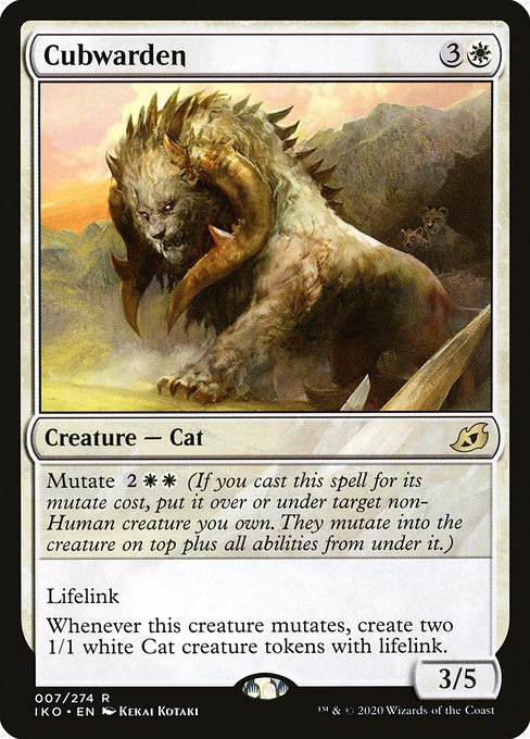 Mutate {2}{W}{W} (If you cast this spell for its mutate cost, put it over or under target non-Human creature you own. They mutate into the creature on top plus all abilities from under it.)
Lifelink
Whenever this creature mutates, create two 1/1 white Cat creature tokens with lifelink.