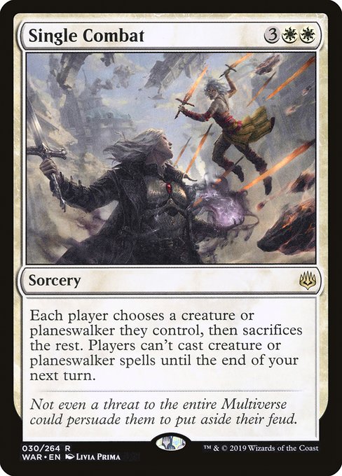 Each player chooses a creature or planeswalker they control, then sacrifices the rest. Players can't cast creature or planeswalker spells until the end of your next turn.