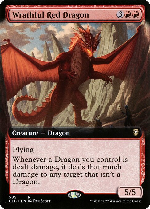 Flying
Whenever a Dragon you control is dealt damage, it deals that much damage to any target that isn't a Dragon.