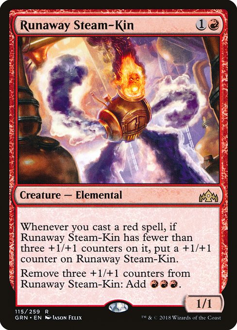 Whenever you cast a red spell, if Runaway Steam-Kin has fewer than three +1/+1 counters on it, put a +1/+1 counter on Runaway Steam-Kin.
Remove three +1/+1 counters from Runaway Steam-Kin: Add {R}{R}{R}.