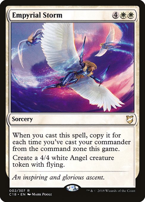 When you cast this spell, copy it for each time you've cast your commander from the command zone this game.
Create a 4/4 white Angel creature token with flying.