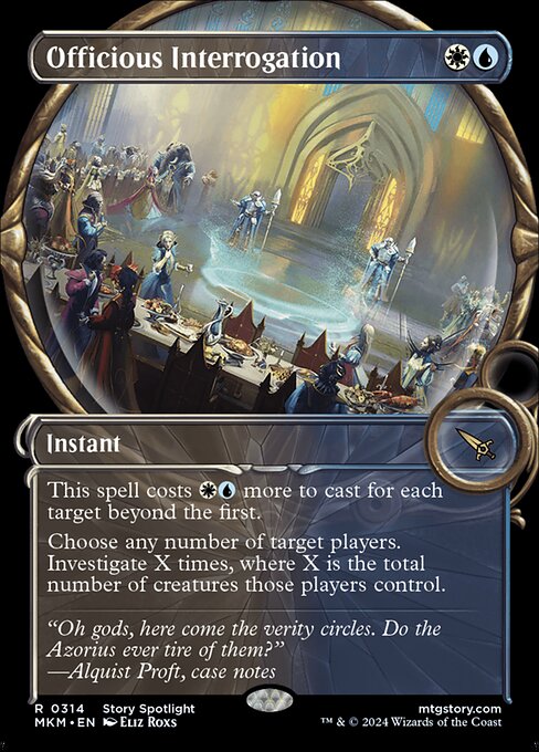 This spell costs {W}{U} more to cast for each target beyond the first.
Choose any number of target players. Investigate X times, where X is the total number of creatures those players control.