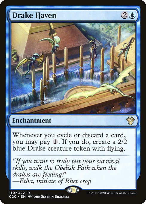 Whenever you cycle or discard a card, you may pay {1}. If you do, create a 2/2 blue Drake creature token with flying.