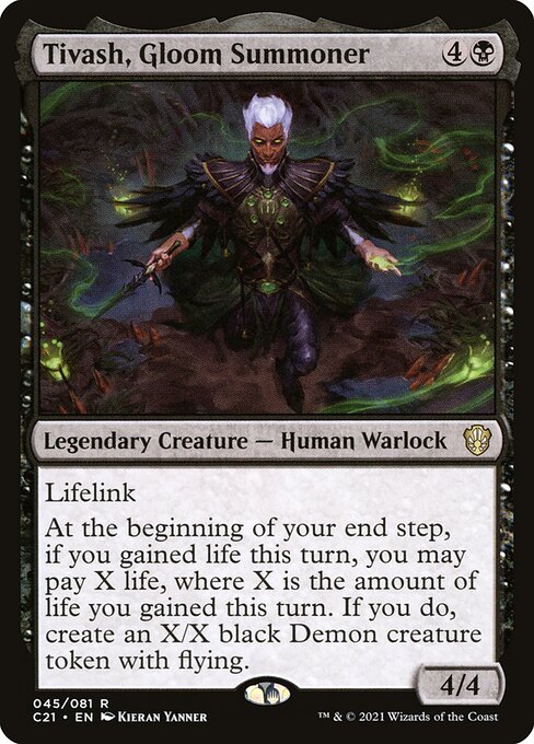 Lifelink
At the beginning of your end step, if you gained life this turn, you may pay X life, where X is the amount of life you gained this turn. If you do, create an X/X black Demon creature token with flying.
