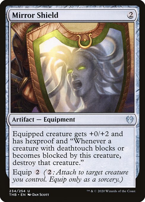 Equipped creature gets +0/+2 and has hexproof and "Whenever a creature with deathtouch blocks or becomes blocked by this creature, destroy that creature."
Equip {2} ({2}: Attach to target creature you control. Equip only as a sorcery.)