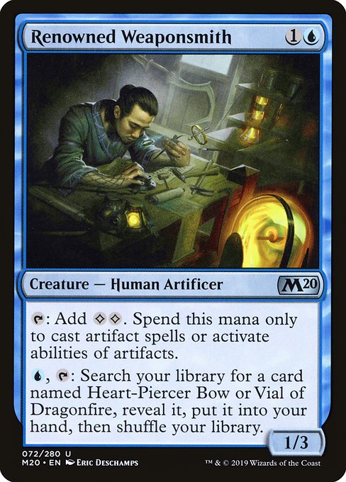 {T}: Add {C}{C}. Spend this mana only to cast artifact spells or activate abilities of artifacts.
{U}, {T}: Search your library for a card named Heart-Piercer Bow or Vial of Dragonfire, reveal it, put it into your hand, then shuffle.