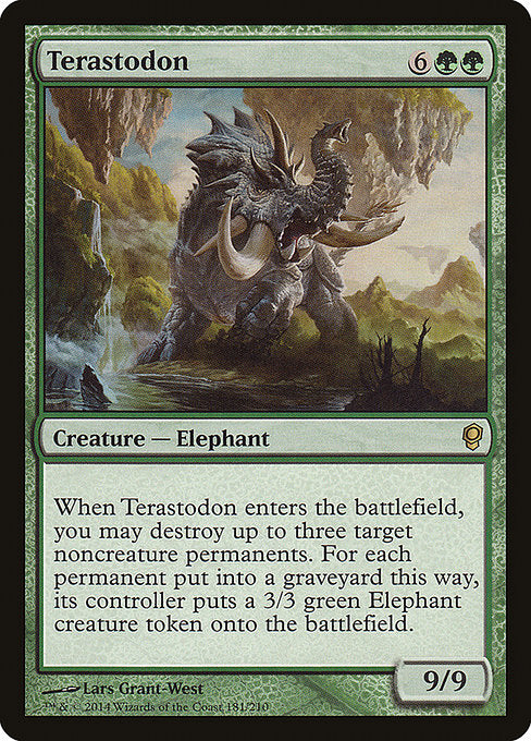 When Terastodon enters the battlefield, you may destroy up to three target noncreature permanents. For each permanent put into a graveyard this way, its controller creates a 3/3 green Elephant creature token.