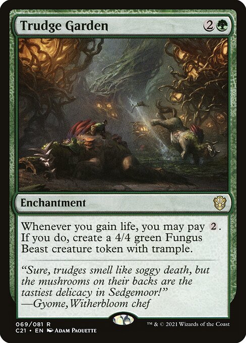 Whenever you gain life, you may pay {2}. If you do, create a 4/4 green Fungus Beast creature token with trample.