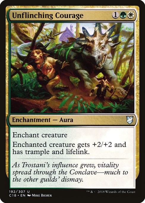 Enchant creature
Enchanted creature gets +2/+2 and has trample and lifelink. (Damage dealt by a creature with lifelink also causes its controller to gain that much life.)