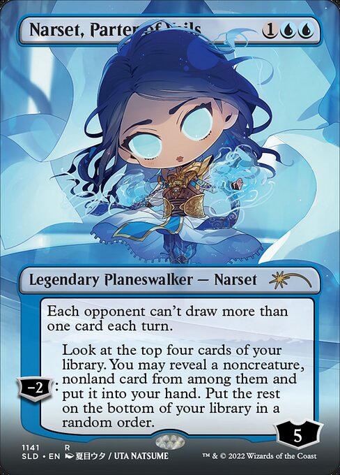 Each opponent can't draw more than one card each turn.
−2: Look at the top four cards of your library. You may reveal a noncreature, nonland card from among them and put it into your hand. Put the rest on the bottom of your library in a random order.