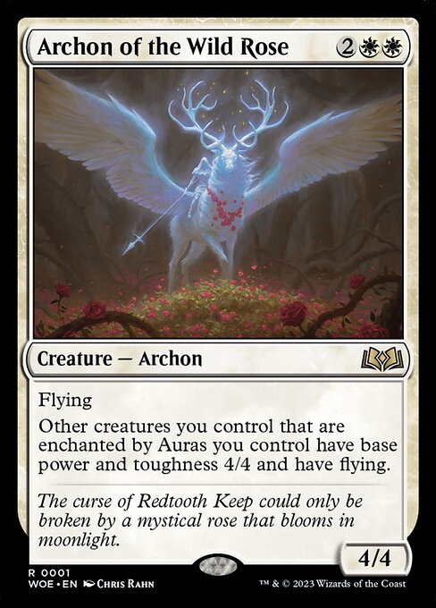 Flying
Other creatures you control that are enchanted by Auras you control have base power and toughness 4/4 and have flying.