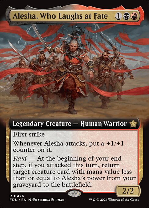 First strike
Whenever Alesha attacks, put a +1/+1 counter on it.
Raid — At the beginning of your end step, if you attacked this turn, return target creature card with mana value less than or equal to Alesha's power from your graveyard to the battlefield.