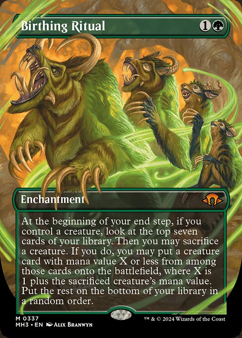 At the beginning of your end step, if you control a creature, look at the top seven cards of your library. Then you may sacrifice a creature. If you do, you may put a creature card with mana value X or less from among those cards onto the battlefield, where X is 1 plus the sacrificed creature's mana value. Put the rest on the bottom of your library in a random order.