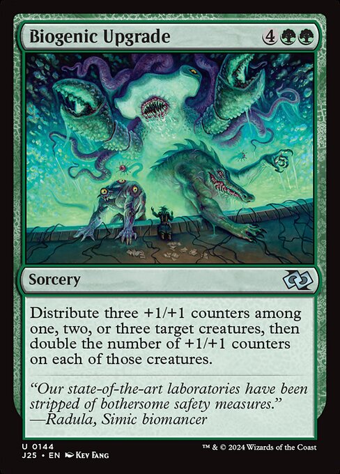Distribute three +1/+1 counters among one, two, or three target creatures, then double the number of +1/+1 counters on each of those creatures.