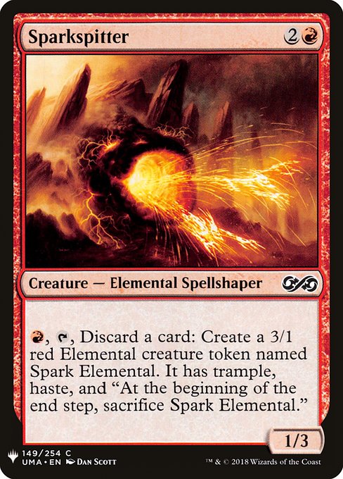 {R}, {T}, Discard a card: Create a 3/1 red Elemental creature token named Spark Elemental. It has trample, haste, and "At the beginning of the end step, sacrifice Spark Elemental."
