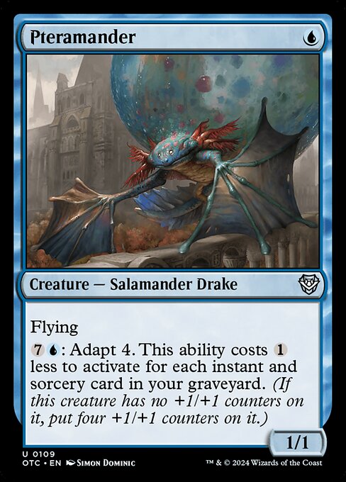 Flying
{7}{U}: Adapt 4. This ability costs {1} less to activate for each instant and sorcery card in your graveyard. (If this creature has no +1/+1 counters on it, put four +1/+1 counters on it.)