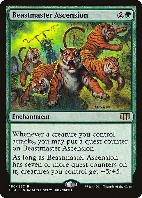 Whenever a creature you control attacks, you may put a quest counter on Beastmaster Ascension.
As long as Beastmaster Ascension has seven or more quest counters on it, creatures you control get +5/+5.