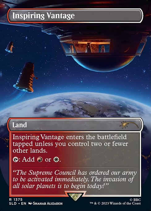Inspiring Vantage enters the battlefield tapped unless you control two or fewer other lands.
{T}: Add {R} or {W}.