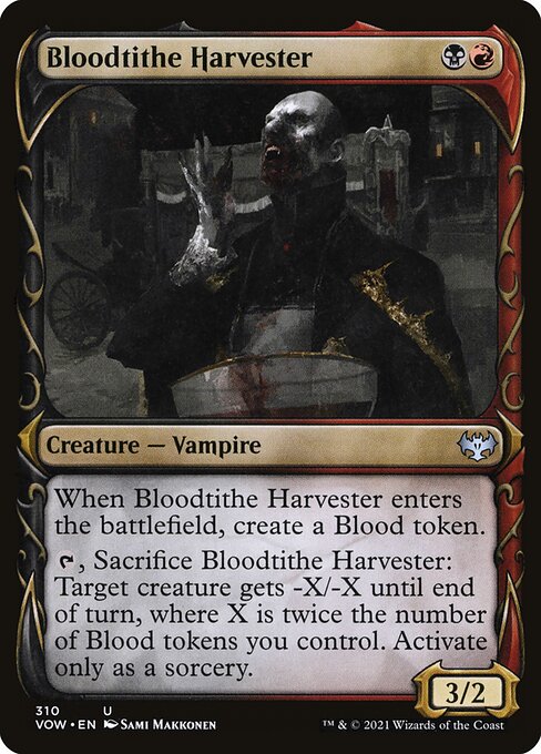 When Bloodtithe Harvester enters the battlefield, create a Blood token. (It's an artifact with "{1}, {T}, Discard a card, Sacrifice this artifact: Draw a card.")
{T}, Sacrifice Bloodtithe Harvester: Target creature gets -X/-X until end of turn, where X is twice the number of Blood tokens you control. Activate only as a sorcery.