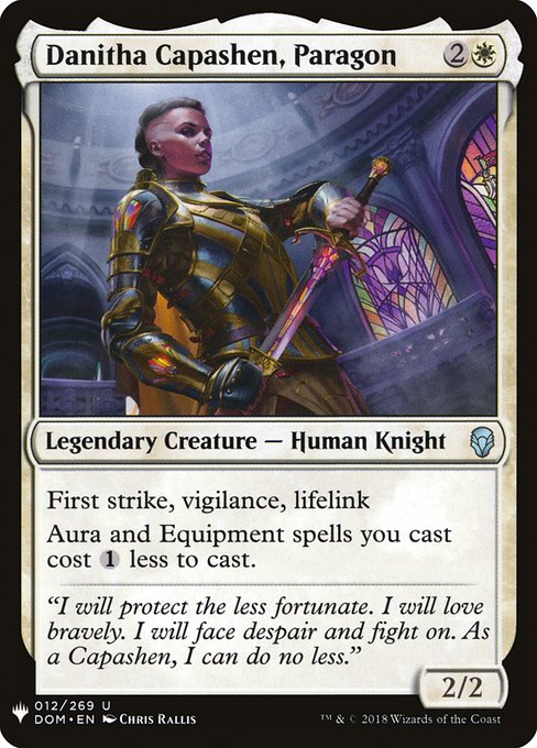 First strike, vigilance, lifelink
Aura and Equipment spells you cast cost {1} less to cast.