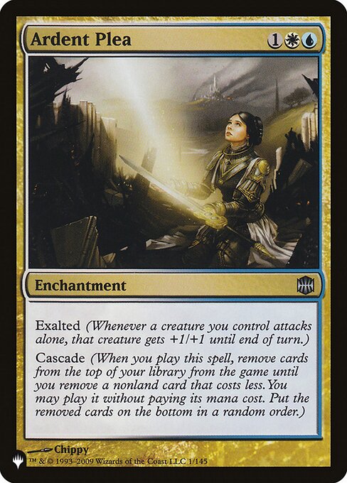 Exalted (Whenever a creature you control attacks alone, that creature gets +1/+1 until end of turn.)
Cascade (When you cast this spell, exile cards from the top of your library until you exile a nonland card that costs less. You may cast it without paying its mana cost. Put the exiled cards on the bottom in a random order.)