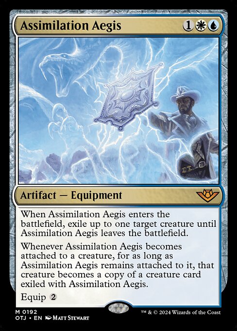 When Assimilation Aegis enters the battlefield, exile up to one target creature until Assimilation Aegis leaves the battlefield.
Whenever Assimilation Aegis becomes attached to a creature, for as long as Assimilation Aegis remains attached to it, that creature becomes a copy of a creature card exiled with Assimilation Aegis.
Equip {2}