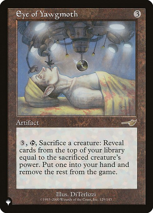 {3}, {T}, Sacrifice a creature: Reveal a number of cards from the top of your library equal to the sacrificed creature's power. Put one into your hand and exile the rest.