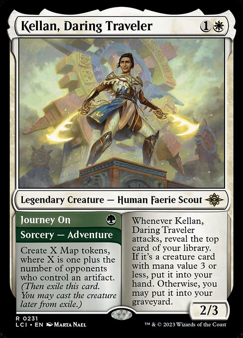 Whenever Kellan, Daring Traveler attacks, reveal the top card of your library. If it's a creature card with mana value 3 or less, put it into your hand. Otherwise, you may put it into your graveyard.   Create X Map tokens, where X is one plus the number of opponents who control an artifact. (Then exile this card. You may cast the creature later from exile.)