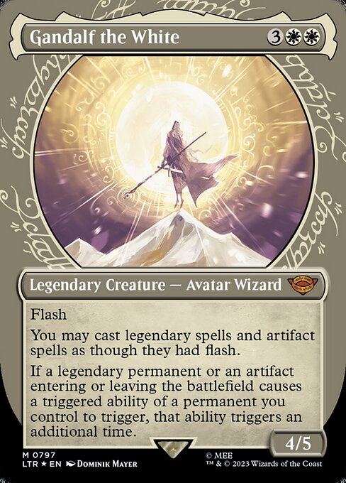 Flash
You may cast legendary spells and artifact spells as though they had flash.
If a legendary permanent or an artifact entering or leaving the battlefield causes a triggered ability of a permanent you control to trigger, that ability triggers an additional time.