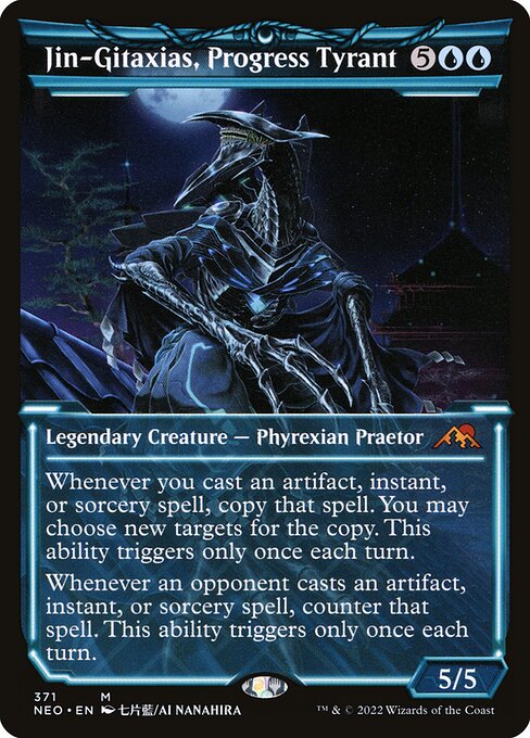 Whenever you cast an artifact, instant, or sorcery spell, copy that spell. You may choose new targets for the copy. This ability triggers only once each turn. (A copy of a permanent spell becomes a token.)
Whenever an opponent casts an artifact, instant, or sorcery spell, counter that spell. This ability triggers only once each turn.