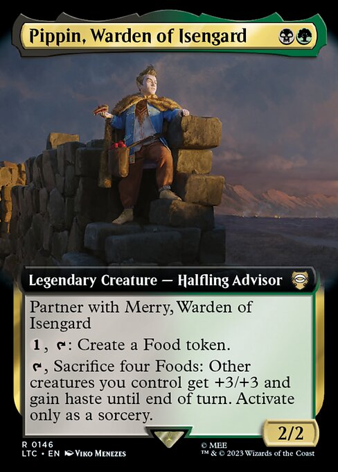 Partner with Merry, Warden of Isengard (When this creature enters the battlefield, target player may put Merry into their hand from their library, then shuffle.)
{1}, {T}: Create a Food token.
{T}, Sacrifice four Foods: Other creatures you control get +3/+3 and gain haste until end of turn. Activate only as a sorcery.