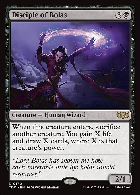 When this creature enters, sacrifice another creature. You gain X life and draw X cards, where X is that creature's power.