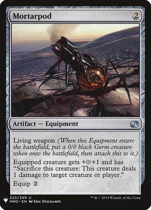 Living weapon (When this Equipment enters the battlefield, create a 0/0 black Phyrexian Germ creature token, then attach this to it.)
Equipped creature gets +0/+1 and has "Sacrifice this creature: This creature deals 1 damage to any target."
Equip {2}