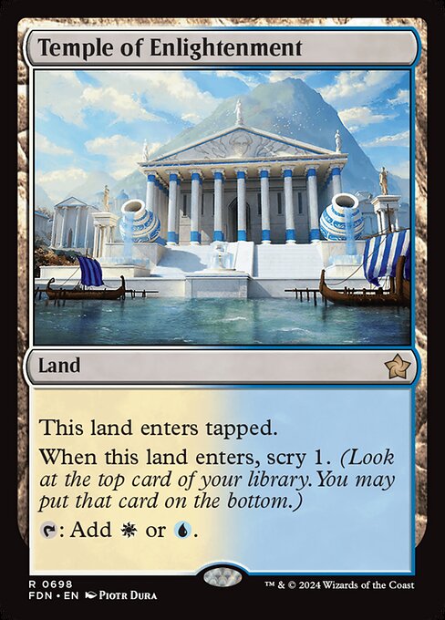 This land enters tapped.
When this land enters, scry 1. (Look at the top card of your library. You may put that card on the bottom.)
{T}: Add {W} or {U}.