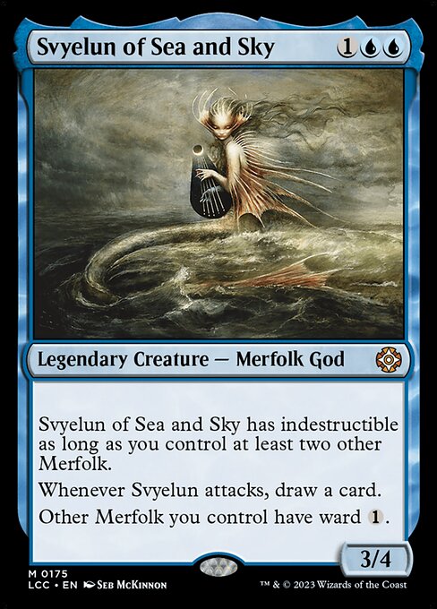 Svyelun has indestructible as long as you control at least two other Merfolk.
Whenever Svyelun attacks, draw a card.
Other Merfolk you control have ward {1}. (Whenever another Merfolk you control becomes the target of a spell or ability an opponent controls, counter it unless that player pays {1}.)
