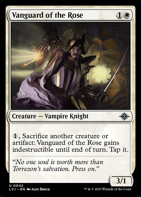 {1}, Sacrifice another creature or artifact: Vanguard of the Rose gains indestructible until end of turn. Tap it.
