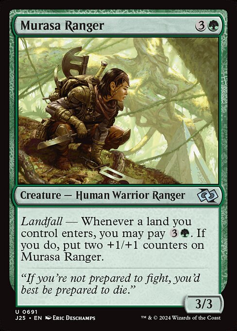 Landfall — Whenever a land you control enters, you may pay {3}{G}. If you do, put two +1/+1 counters on Murasa Ranger.