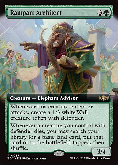 Whenever this creature enters or attacks, create a 1/3 white Wall creature token with defender.
Whenever a creature you control with defender dies, you may search your library for a basic land card, put that card onto the battlefield tapped, then shuffle.