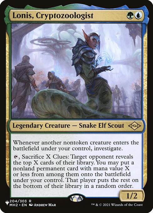Whenever another nontoken creature you control enters, investigate.
{T}, Sacrifice X Clues: Target opponent reveals the top X cards of their library. You may put a nonland permanent card with mana value X or less from among them onto the battlefield under your control. That player puts the rest on the bottom of their library in a random order.