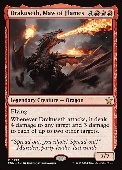 Flying
Whenever Drakuseth attacks, it deals 4 damage to any target and 3 damage to each of up to two other targets.