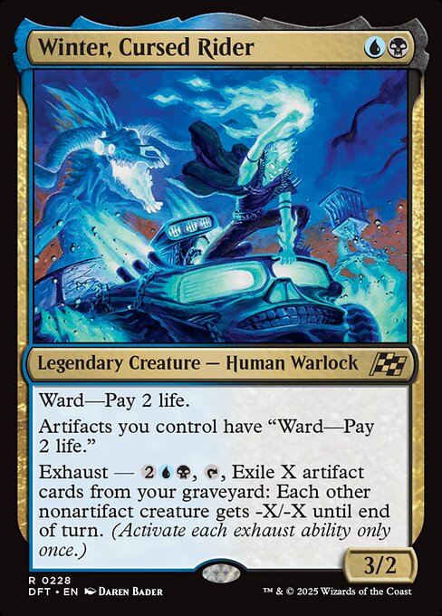 Ward—Pay 2 life.
Artifacts you control have "Ward—Pay 2 life."
Exhaust — {2}{U}{B}, {T}, Exile X artifact cards from your graveyard: Each other nonartifact creature gets -X/-X until end of turn. (Activate each exhaust ability only once.)